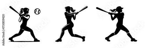 Modern Minimalist Woman Practicing Baseball Swing Icon, Flat Silhouette of a Sports Action Vector for Athletic Illustration Design