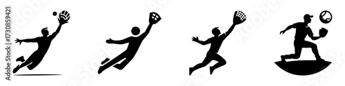 Modern Minimalist Men Catching Baseball Icon, Flat Silhouette of a Sports Action Vector for Athletic Illustration Design