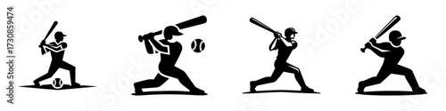 Modern Minimalist Men Batting Baseball Icon, Flat Silhouette of a Sports Action Vector for Athletic Illustration Design