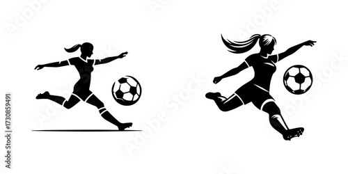 Modern Minimalist Women Shooting Football to Goal Icon, Flat Silhouette of a Sport Athlete Vector for Soccer Illustration Design