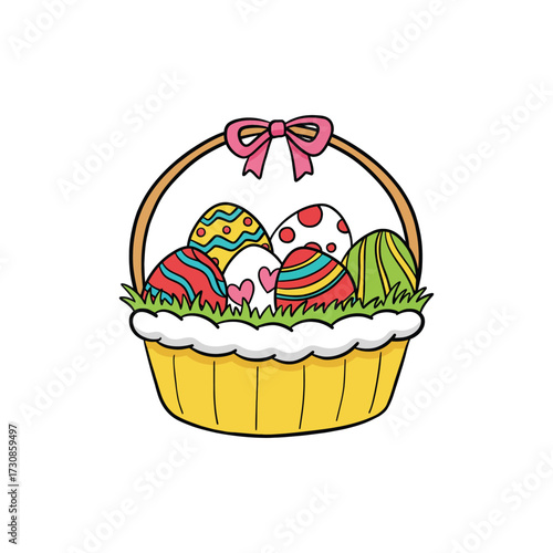 Easter Basket with Eggs, Bunny Ears, and Flowers Festive Cartoon Outline Vector Illustration for Spring Flyers
