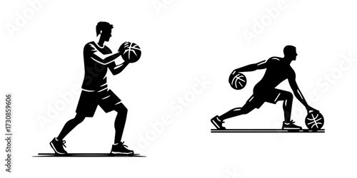 Modern Minimalist Men Playing Basketball Icon, Flat Silhouette of a Sports Action Vector for Athletic Illustration Design