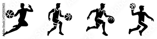 Modern Minimalist Man Jumping with Basketball Icon, Flat Silhouette of a Sports Action Vector for Athletic Illustration Design