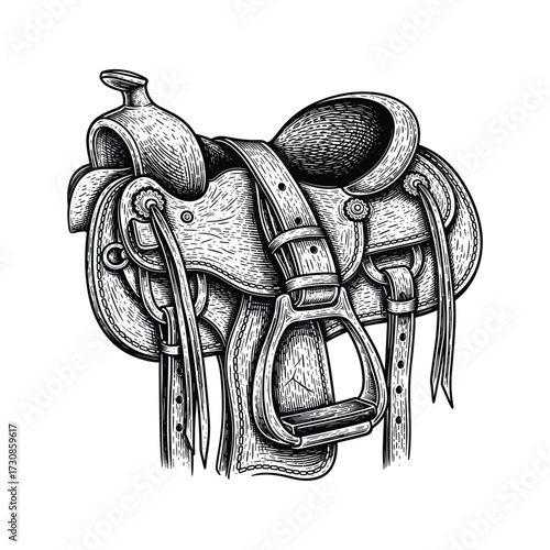 Detailed black and white engraving style illustration of a classic western horse saddle with stirrups and straps.