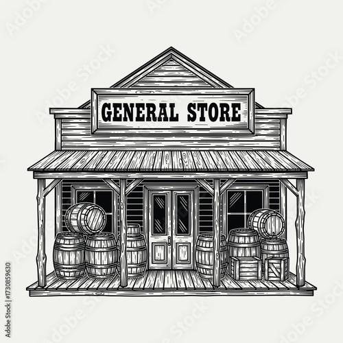 Vintage general store illustration with a wooden facade, porch, and barrels, depicting a classic frontier or old west building.