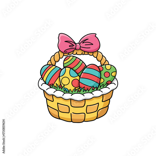 Easter Basket with Eggs, Flowers, and Pink Ribbon Detailed Cartoon Outline Vector Art for Spring Decoration