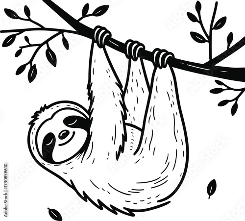 Minimal sloth hanging upside down from tree branch, thick line art 2