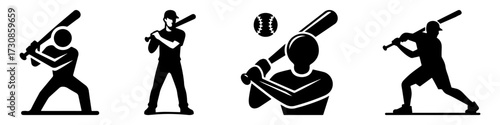 Modern Minimalist Men Holding Baseball Bat Icon, Flat Silhouette of a Sports Action Vector for Athletic Illustration Design