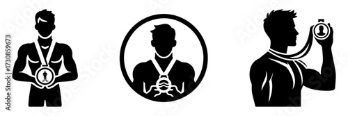 Modern Minimalist Men Holding Swimming Medal Icon, Flat Silhouette of a Sport Athlete Vector for Award Illustration Design