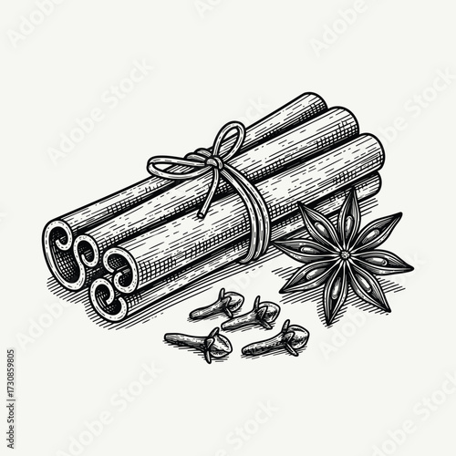 Hand-drawn illustration of aromatic spices including cinnamon sticks, star anise, and cloves.