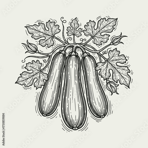 Vintage engraving illustration of three fresh zucchinis on a vine with leaves and buds, depicting a bountiful harvest.