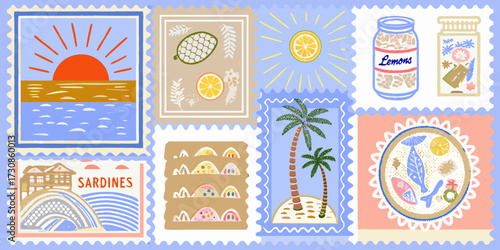 A charming collection of illustrated postage stamps featuring summer vacation themes like the sun ocean palm trees and preserved lemons