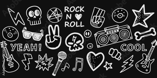 Rock and roll doodle collection featuring skulls guitars microphones and musical symbols on black background