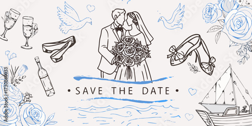 Charming wedding illustration with bride and groom kissing surrounded by romantic elements and save the date text