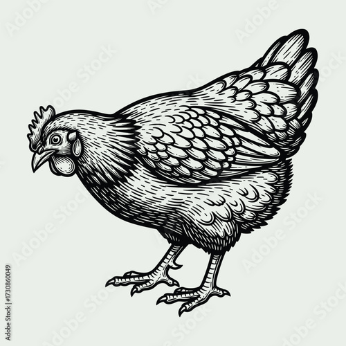 Vintage engraved illustration of a chicken hen standing, depicted in a detailed woodcut style on a plain background.