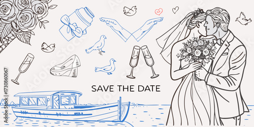 Save the date wedding celebration elements with bride and groom kissing and nautical theme
