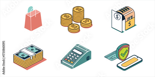 Financial Technology and E commerce Isometric Vector Icon Set with Secure Payment POS Terminal and Money

