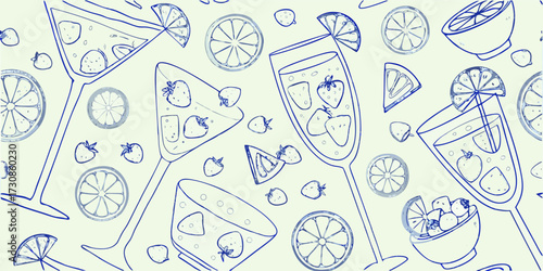 Delightful hand drawn sketch pattern of refreshing summer cocktails with strawberries and citrus slices
