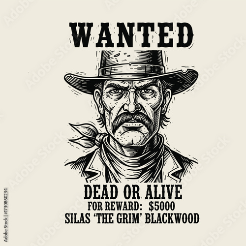 Vintage 'Wanted: Dead or Alive' poster featuring a stern cowboy with a mustache and hat, offering a $5000 reward for Silas 'The Grim' Blackwood.