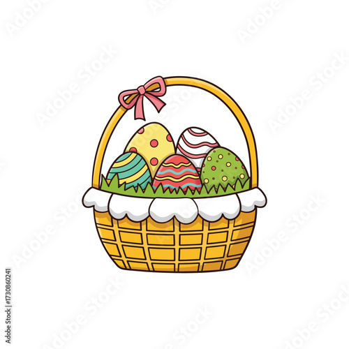 Easter Basket with Eggs and Springtime Flowers Outline Art Colorful Cartoon Vector Drawing for Holiday Posters