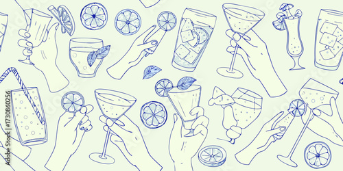 A hand drawn pattern of various cocktails and refreshing drinks held by hands with citrus slices and leaves