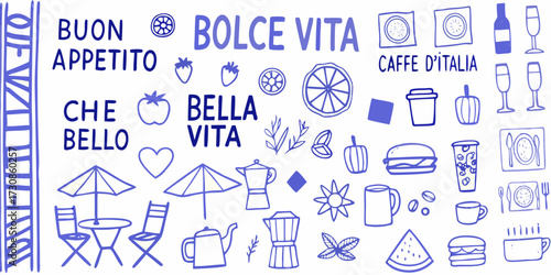 Italian phrases and symbols for food and lifestyle with hand drawn doodles of food and drinks