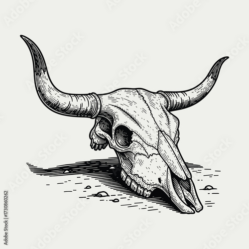 Detailed black and white illustration of a bull skull with long horns, depicted in a vintage engraved style on a light background.