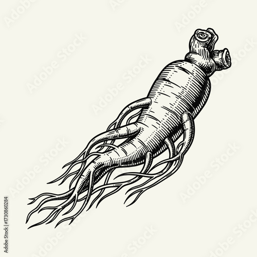 Detailed vintage engraved illustration of a ginseng root, showcasing its intricate botanical structure and fibrous tendrils.