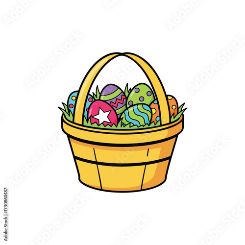 Deep Wicker Basket with Eggs Outline Vector Illustration Cute Hand-Drawn Spring Clipart for Easter Hunt Designs