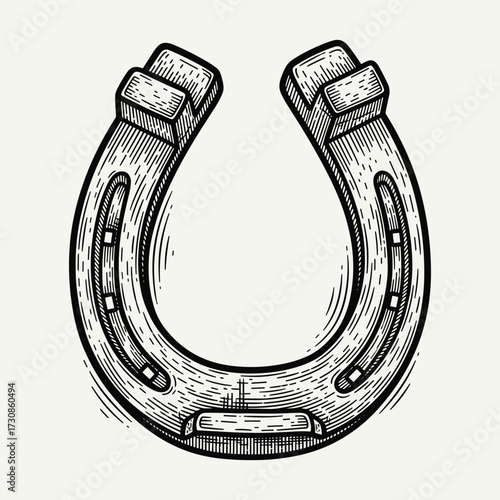 Vintage engraved style illustration of a lucky horseshoe, rendered in black and white with intricate details and shading.