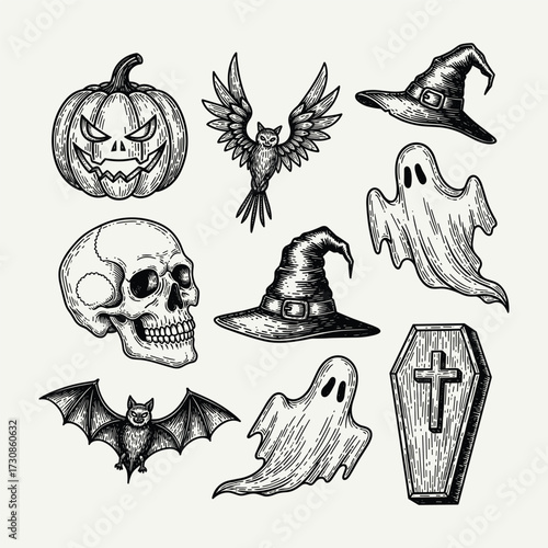 Vintage Halloween illustrations featuring pumpkins, ghosts, bats, skulls, and witch hats in an engraved style, perfect for spooky designs.