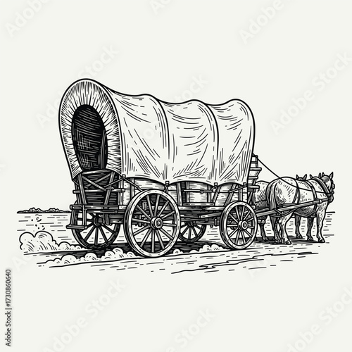 Vintage engraving of a covered wagon pulled by two horses, depicting historical frontier travel and pioneer life.