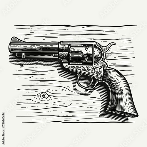 Detailed vintage engraved revolver handgun illustration resting on a textured wooden surface, showcasing classic design and shadows.