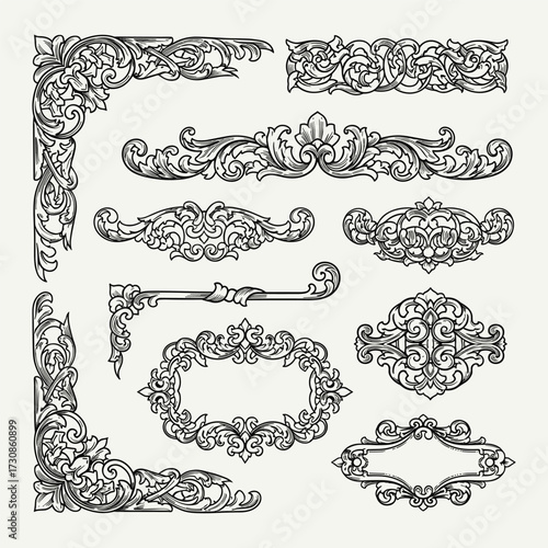 Set of vintage baroque and rococo style ornamental design elements, borders, corners, and frames with intricate floral and scroll patterns.