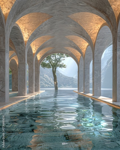 Elegant Architectural Interior Featuring Reflective Water Pool Under Arched Stone Ceiling with Soft Natural Light