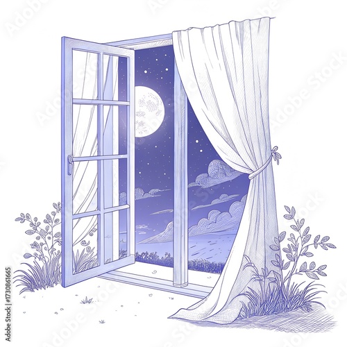 Curtain blowing at night with moonlight through open window