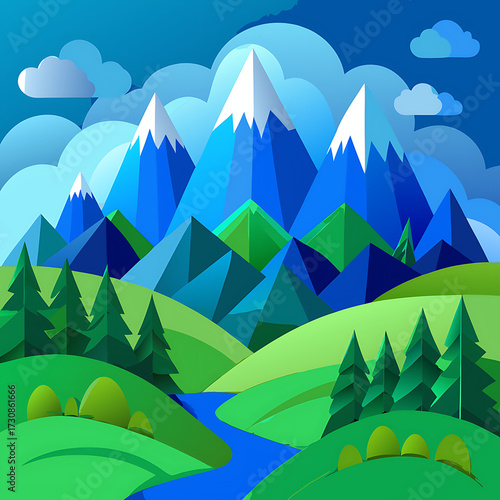 Wallpaper Mural Creative Paper Art Depicting Blue Mountains and Lush Green Hills, Ai Generated Torontodigital.ca