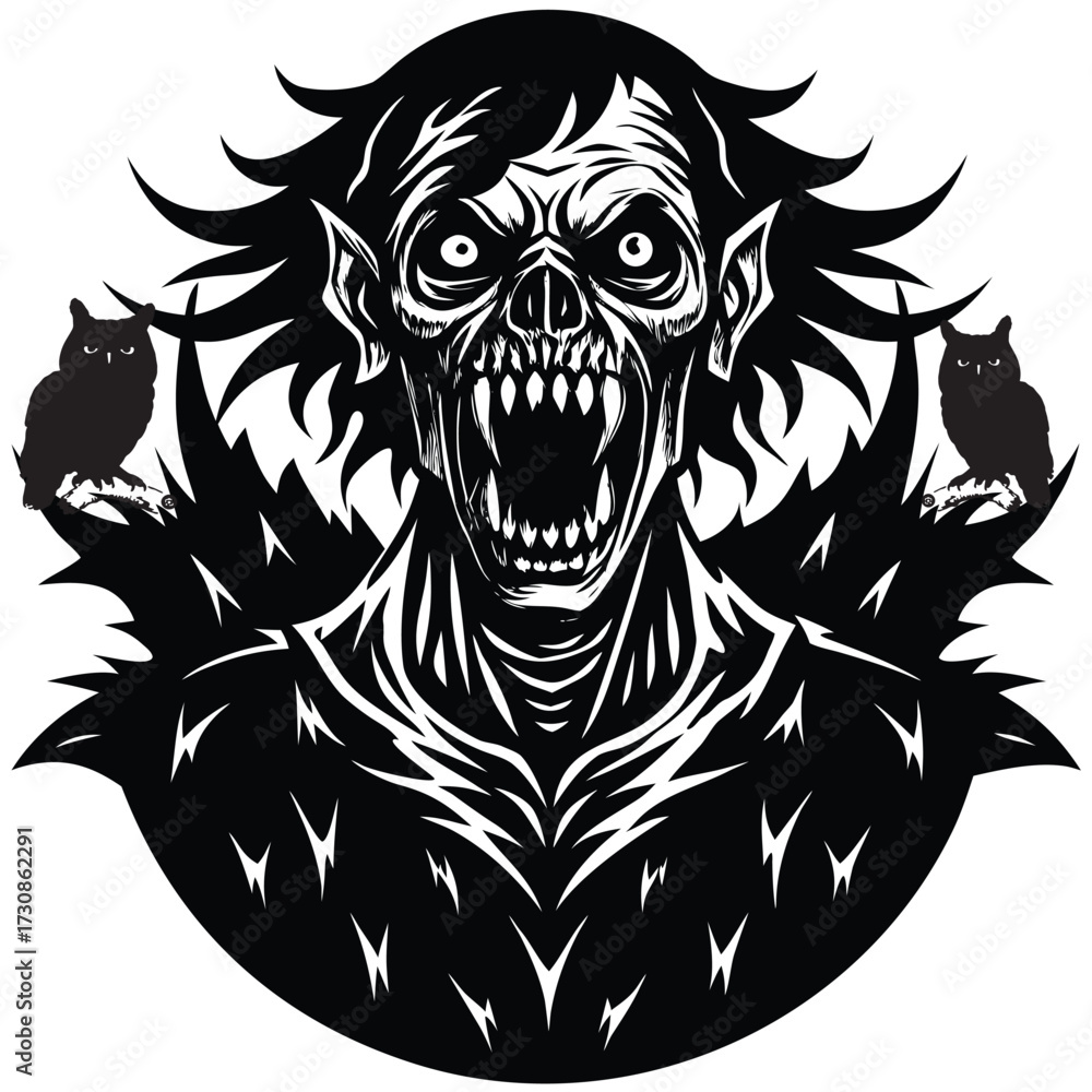 Fototapeta premium Black vector art illustration of a powerful tribal winged skull mascot with a lion and tiger feline face silhouette