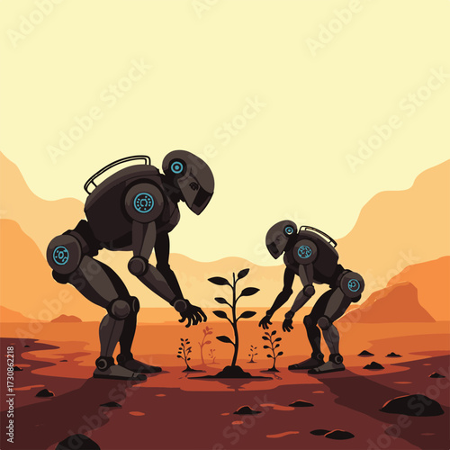 A futuristic vector illustration of a child alien and an android robot character in a black desert city