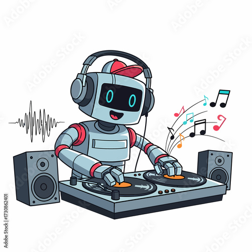 Cartoon Robot DJ with Headphones Turntables Speakers and Musical Notes.