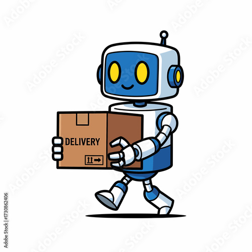 Cartoon Robot Delivering Package with Delivery Label and Directional Arrow.