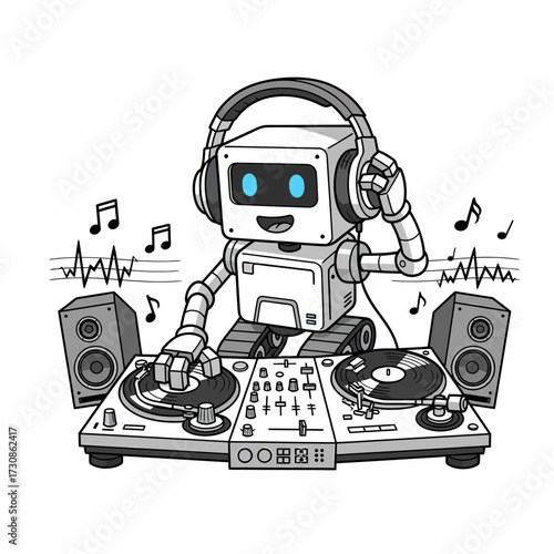 Cartoon Robot DJ with Turntables Headphones and Musical Notes Illustration.