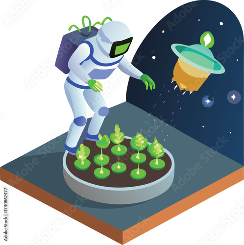 Vector of satellite greenhouse orbiting Earth growing food