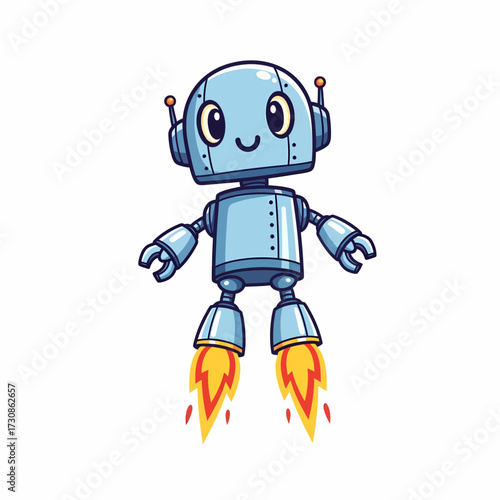 Cartoon Robot Soaring with Rocket Boots and a Cheerful Smile.