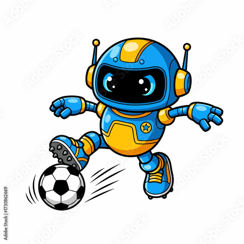 Cartoon Robot Soccer Player Kicking a Ball with Energetic Motion Lines.