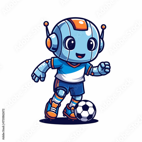 Cartoon Robot Soccer Player Dribbling a Classic Black and White Soccer Ball.