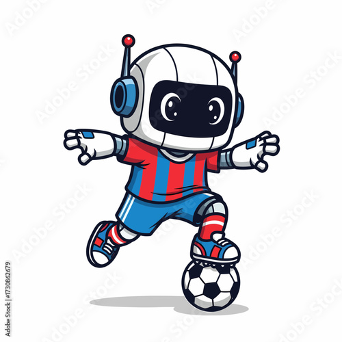 Cartoon Robot Soccer Player Dribbling with Red and Blue Striped Uniform.