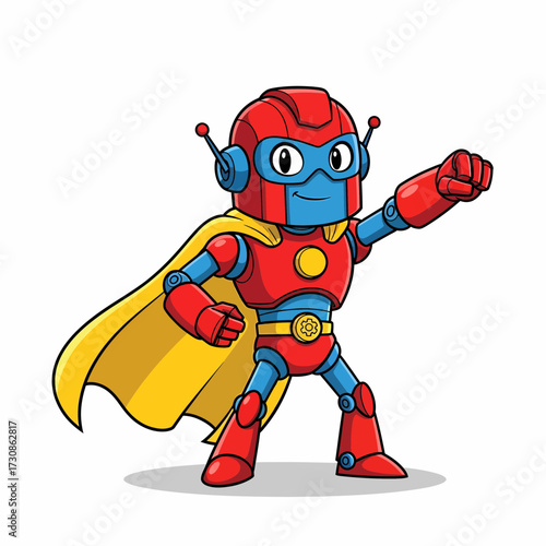 Cartoon Superhero Robot with Red Armor Blue Visor and Flowing Yellow Cape.