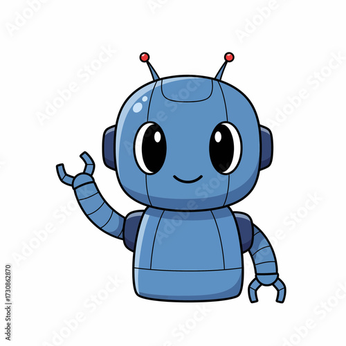 Cheerful Blue Cartoon Robot with Antennae and Waving Hand.