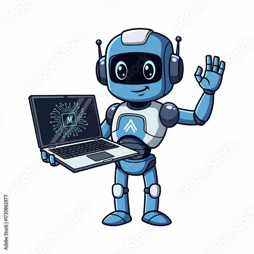 Cheerful Blue Robot Waving While Holding Laptop Displaying Circuit Board.